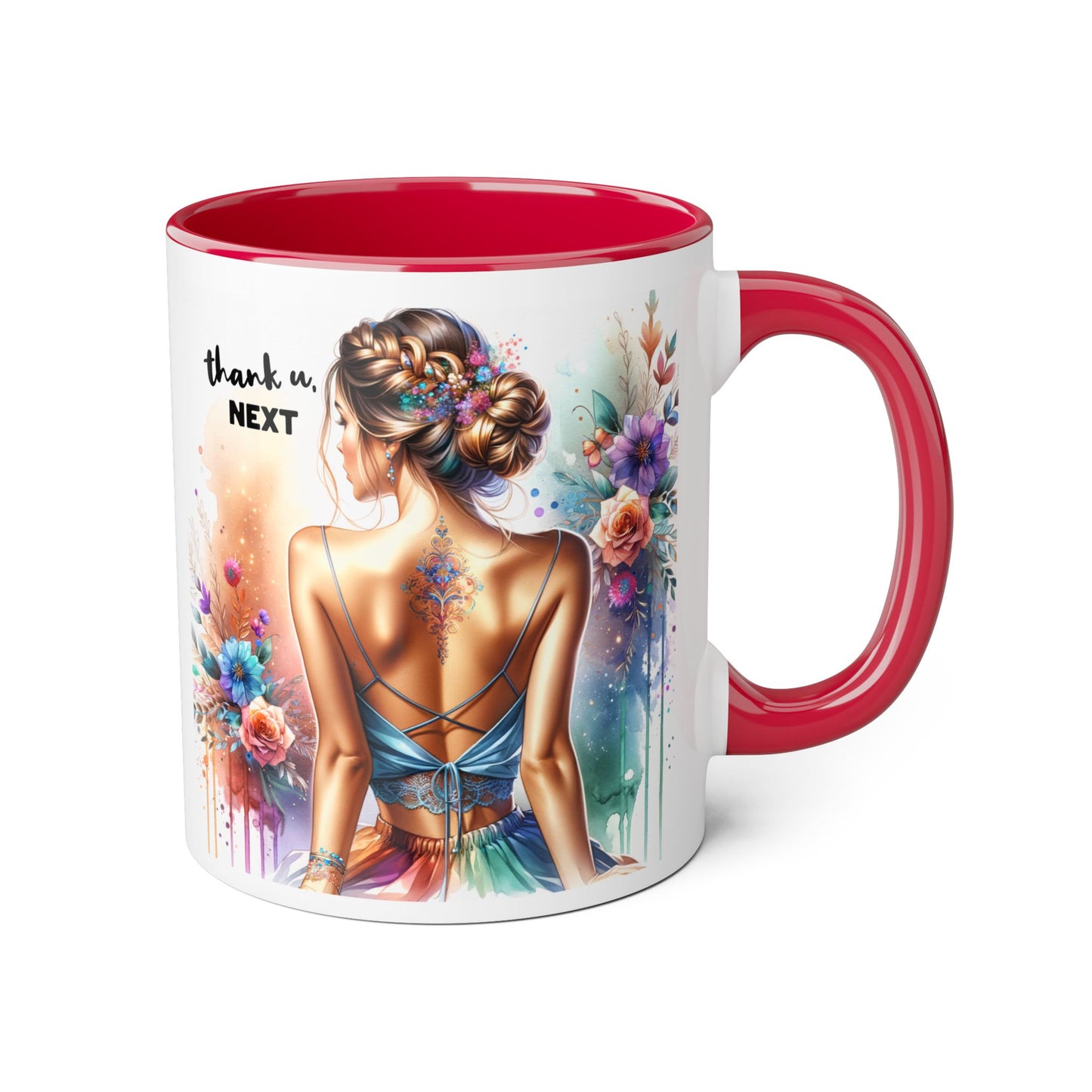Thank U, Next Colorful Floral Accent Mug, Thank U Next Coffee Cup, Artistic Drinkware for Her, Unique Gift for Women, Motivational Mug, Birthday Gift
