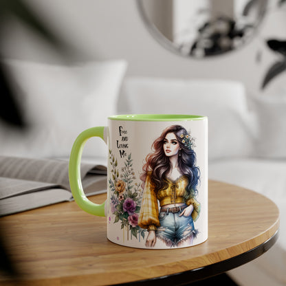 Bohemian Floral Accent Mug, Free and Loving Me Coffee Cup, Gift for Her, Unique Art Mug, Morning Beverage Lover's Gift