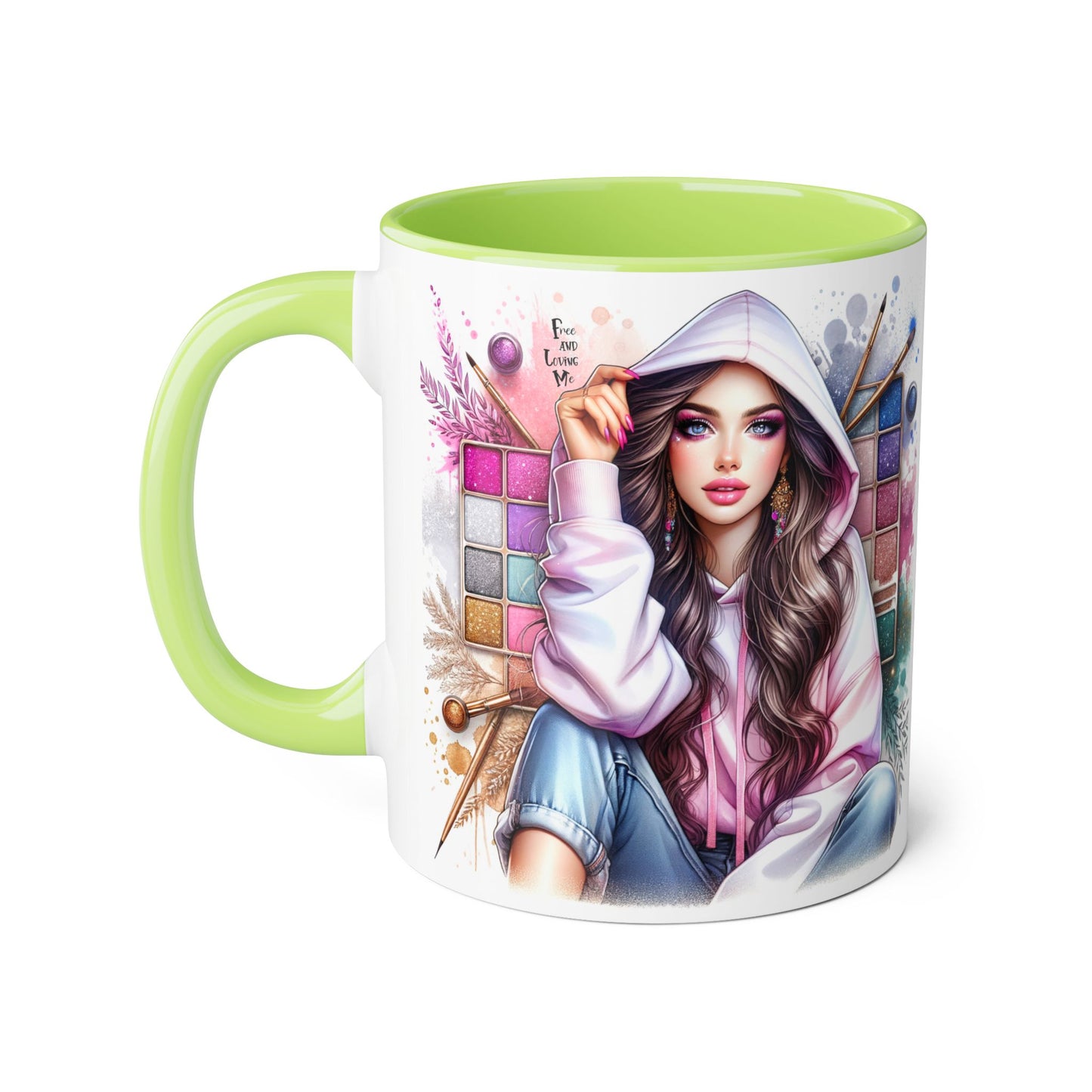 Free and Loving Me Artistic Accent Mugs, Fashionista Gift, Makeup Artist Coffee Cup, Unique Artistic Mug, Stylish Beverage Container, Creative Decor