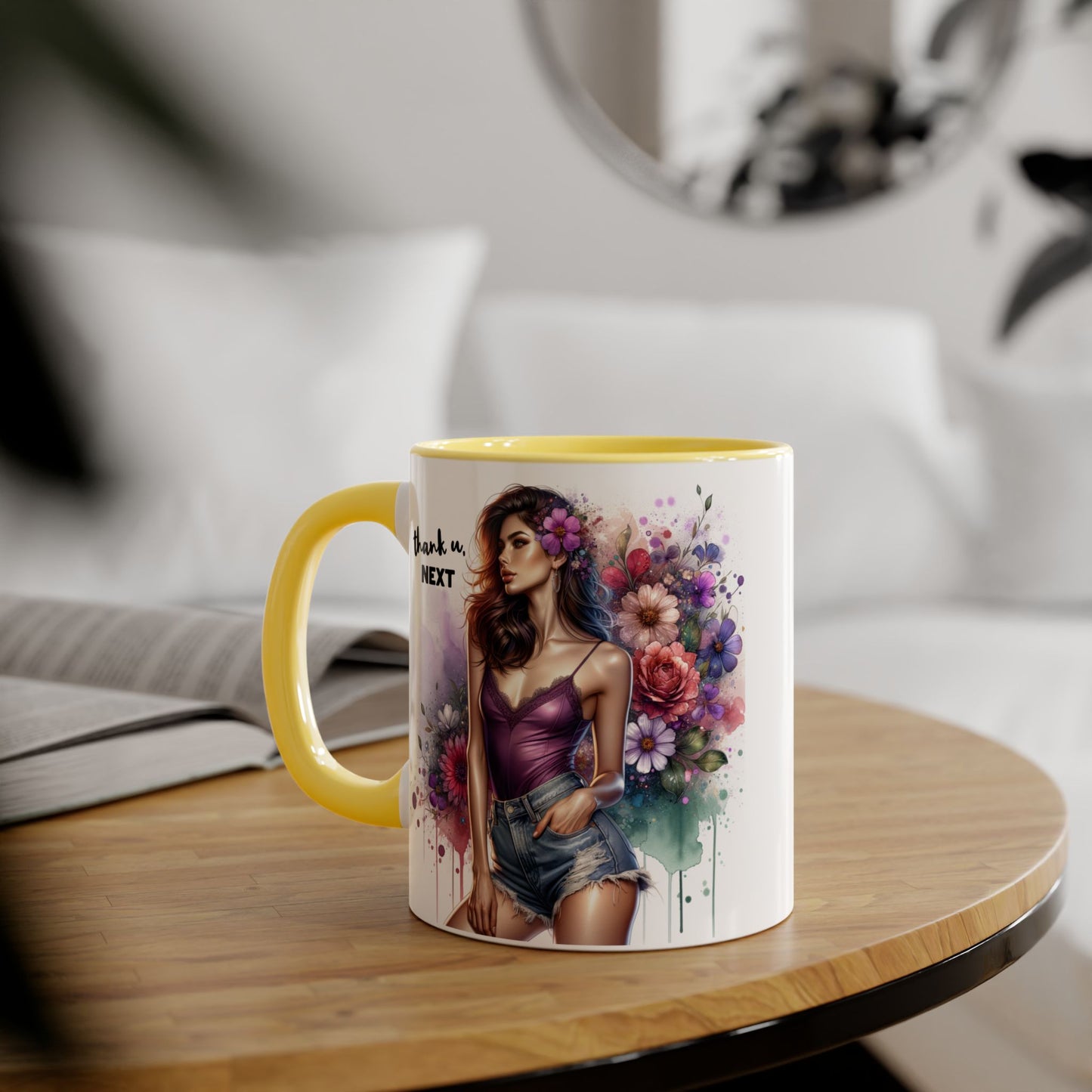 Thank U, Next Floral Accent Coffee Mug with Inspirational Quote, Gift for Her, Tea Mug for Friends, Home Decor, Birthday Present