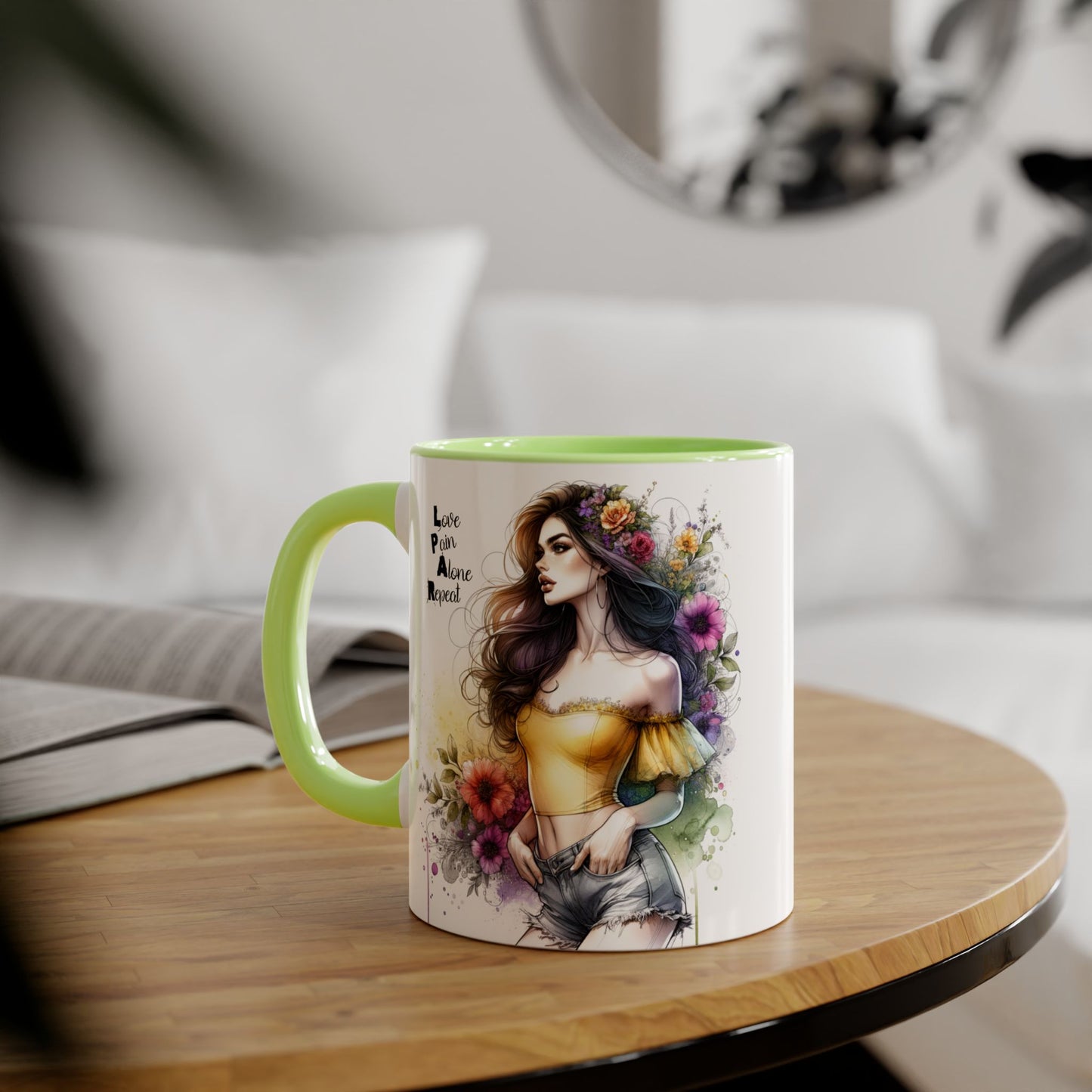 Colorful Artistic Accent Mug with Floral Design, Boho Coffee Cup, Gift for Her, Unique Tea Mug, Inspirational Quote Mug