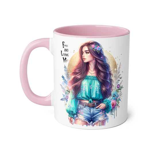 Free and Loving Me Bohemian Accent Mugs, Colorful Ceramic Cup for Gift, Inspirational Coffee Tea Mug, Home Decor, Unique Art Mug