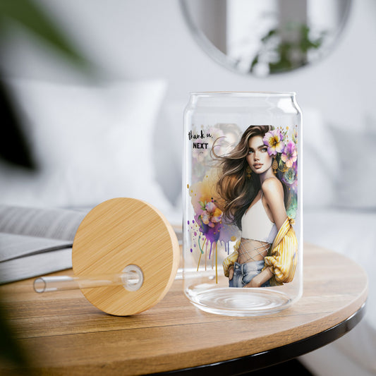 Thank U, Next Floral Sipper Glass, 16oz - Stylish Reusable Drink Container, Eco-Friendly Artisan Design for Parties, Gifts, Home, or Travel