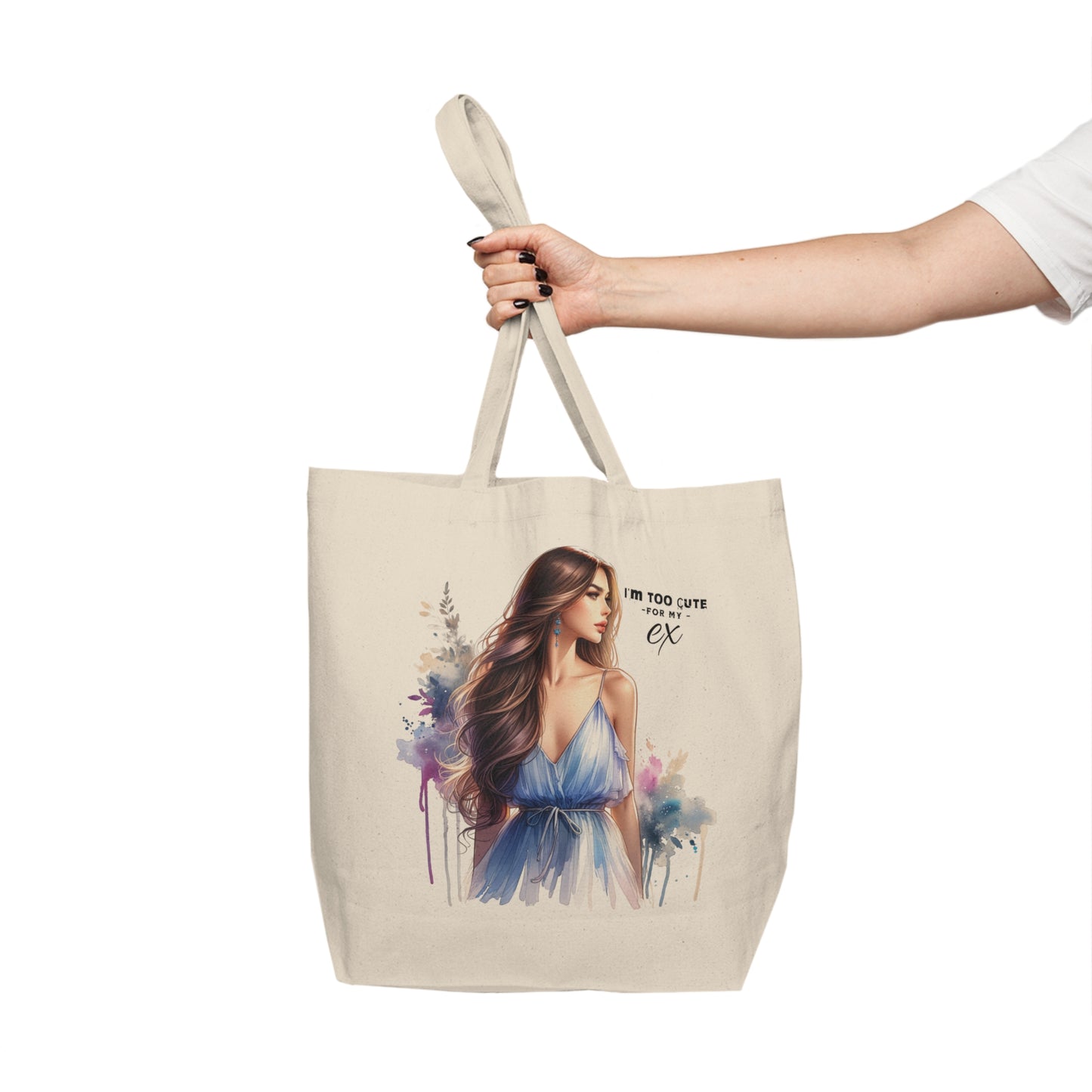 I'm Too Cute For My Ex  Canvas Shopping Tote with Elegant Woman Design, Eco-Friendly Grocery Bag, Gift for Her, Stylish Tote for Shopping, Daily Use