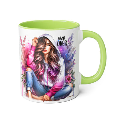 Stylish Gamer Mug, Game Over Coffee Cup, Floral Art Drinkware, Cute Gift for Gamers, Trendy Ceramic Tea Mug