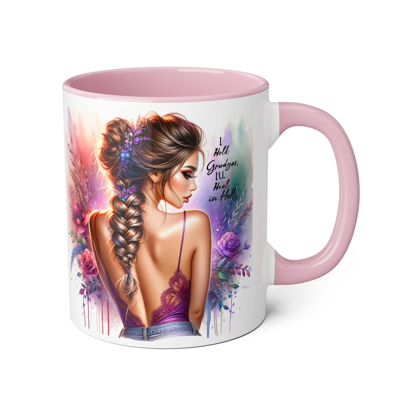 I Hold Grudges, I'll Heal in Hell Artistic Black Accent Mug, Inspirational Coffee Cup, Unique Gift for Her, Flower Design Tea Mug, Stylish Drinkware for Every Occasion