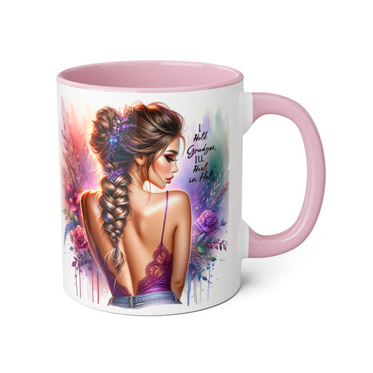I Hold Grudges, I'll Heal in Hell Artistic Black Accent Mug, Inspirational Coffee Cup, Unique Gift for Her, Flower Design Tea Mug, Stylish Drinkware for Every Occasion