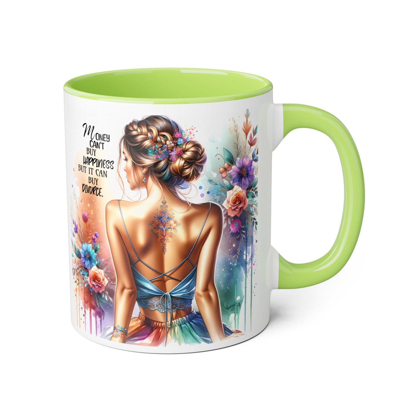 Money Can't Buy Happiness But It Can Buy Divorce Humoristic Elegant Floral Accent Mug, Inspirational Coffee Cup, Gift for Her, Self-Love Decor, Motivational Tea Mug