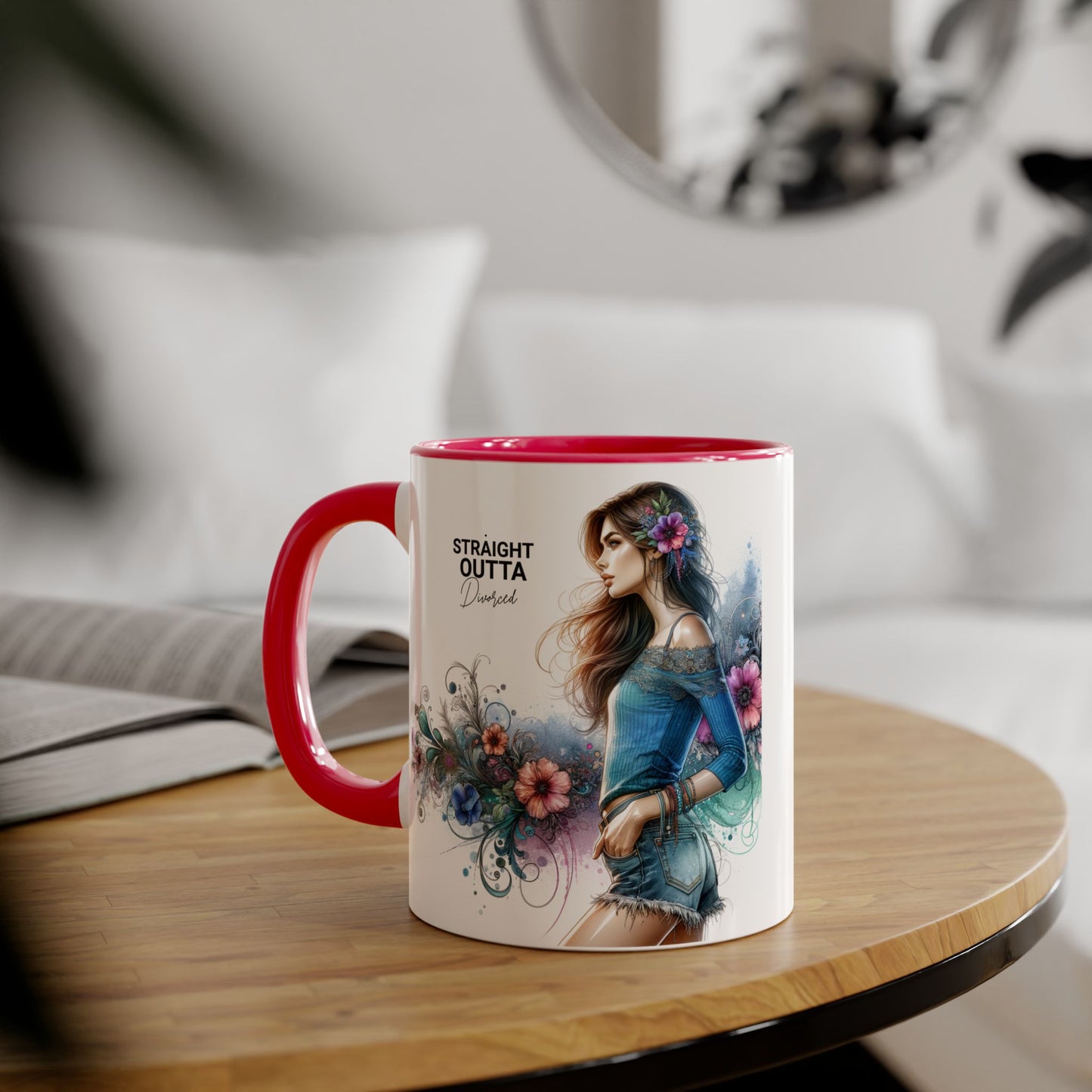 Straight Outta Divorced Humoristic Bohemian Accent Mugs with Floral Art – Trendy Coffee Cup, Gift for Friends, Decor, Home, Birthday, or Celebration