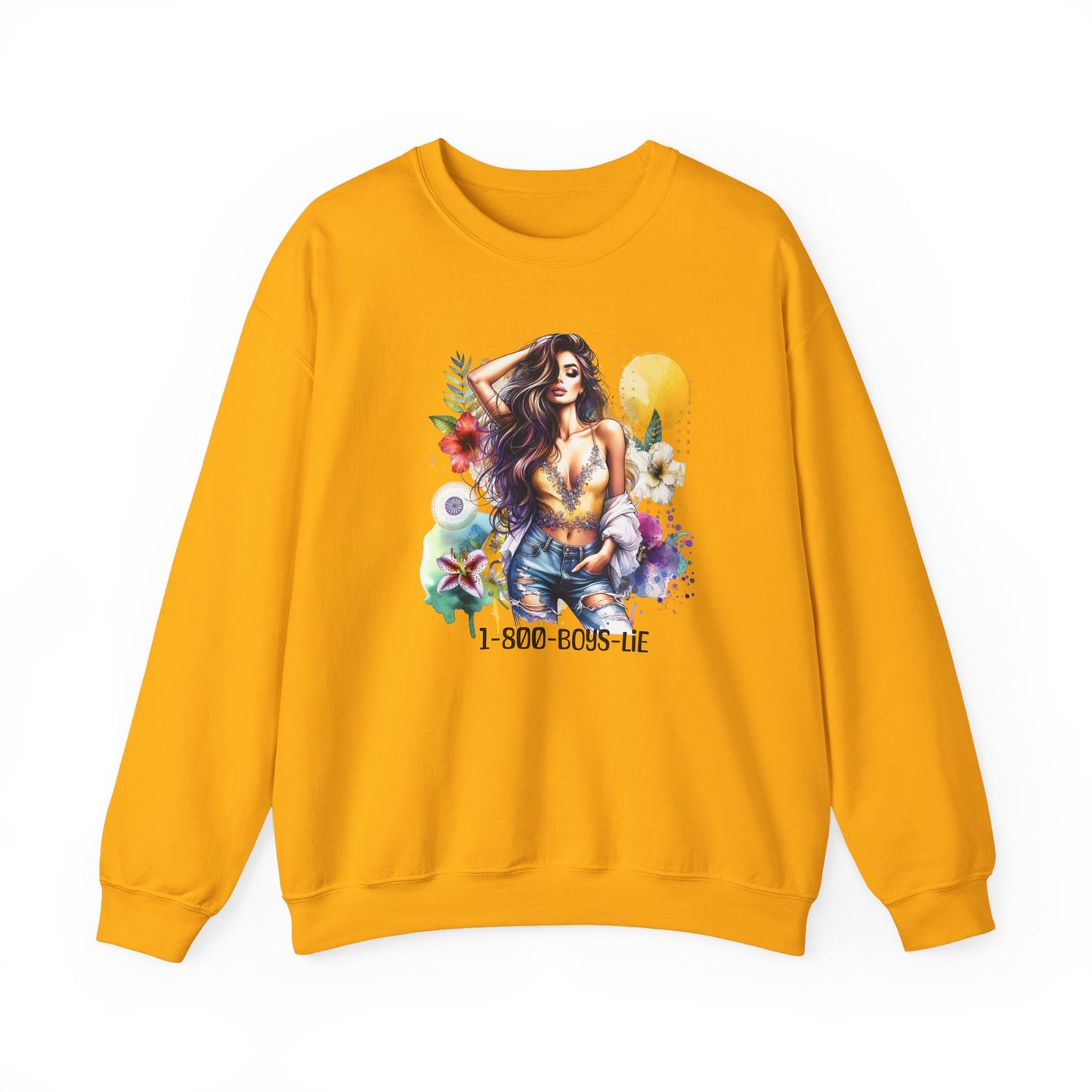 1-800-Boys-Lie Boho Chic Crewneck Sweatshirt with Floral Design, Unisex Gift, Self-Love Apparel, Cozy Casual Wear, Perfect for Relaxation
