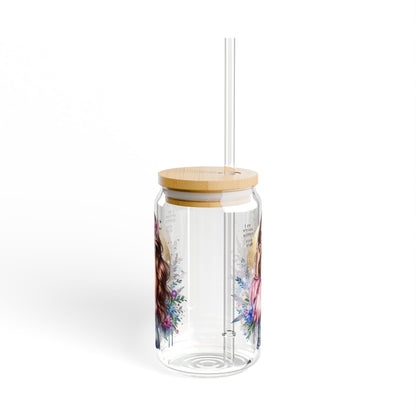 I Am My Own Happily Ever After Artistic Sipper Glass with Straw - 16oz, Personalized Drinkware for Party, Home, Summer, Cute Gift for Her, Floral Design