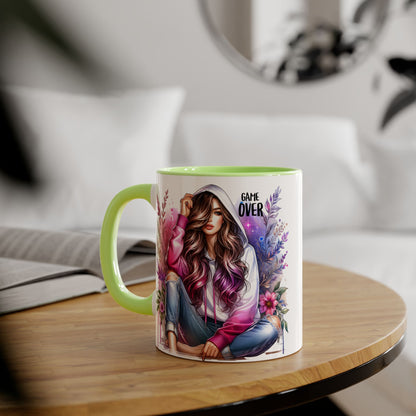 Stylish Gamer Mug, Game Over Coffee Cup, Floral Art Drinkware, Cute Gift for Gamers, Trendy Ceramic Tea Mug