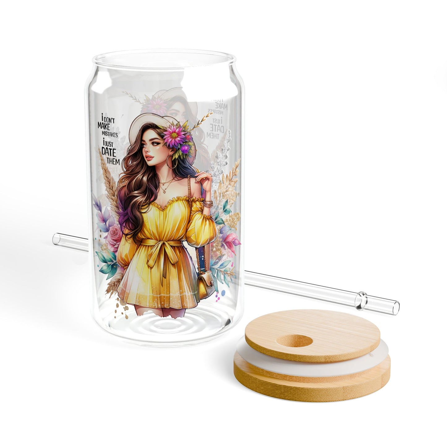 I Don't Make Mistakes, I Date Them Chic Floral Sipper Glass, Travel Drinkware, Summer Refreshments, Eco-Friendly Beverage Container, Gift for Her, Bohemian Style