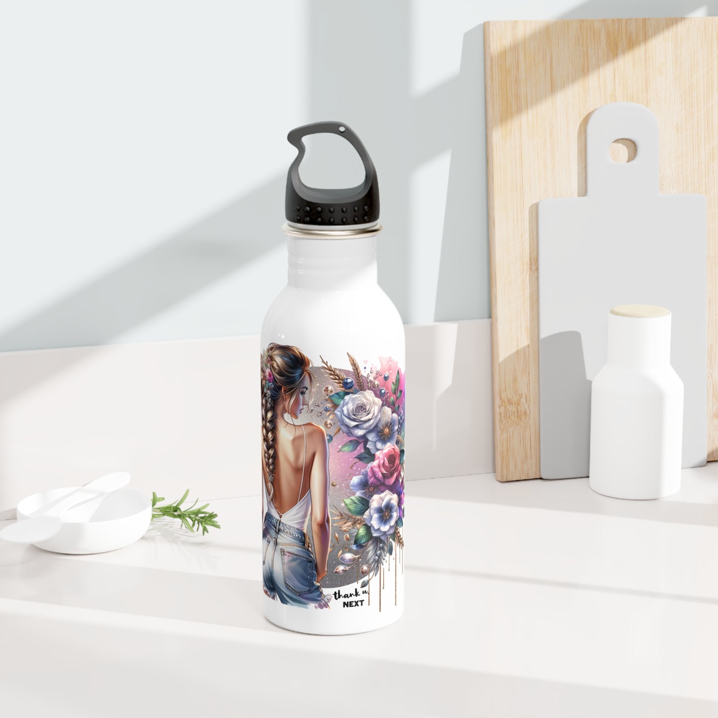 Thank U, Next Chic Floral Water Bottle, Motivational Drinkware, Eco-Friendly Stainless Steel, Fitness Hydration, Unique Gift for Her