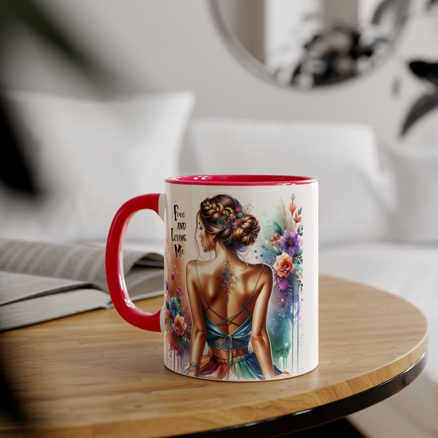 Artistic Floral Accent Mug, Free and Loving Me Ceramic Coffee Cup, Inspirational Gift, Unique Drinkware, Bohemian Style Mug
