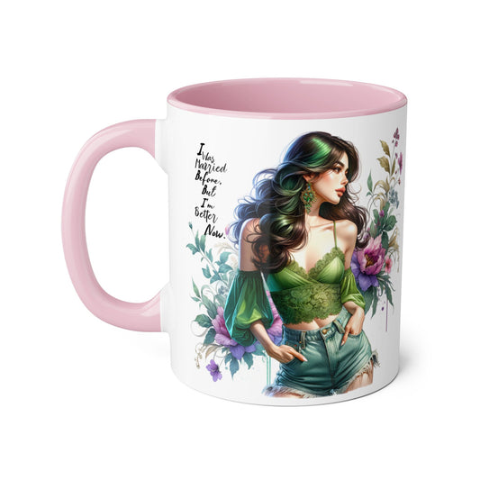 I Was Married Before But I'm Better Now Humoristic Floral Goddess Accent Mug, Inspirational Coffee Cup, Gift for Her, Boho Chic Drinkware, Unique Art Mugs, Home Decor