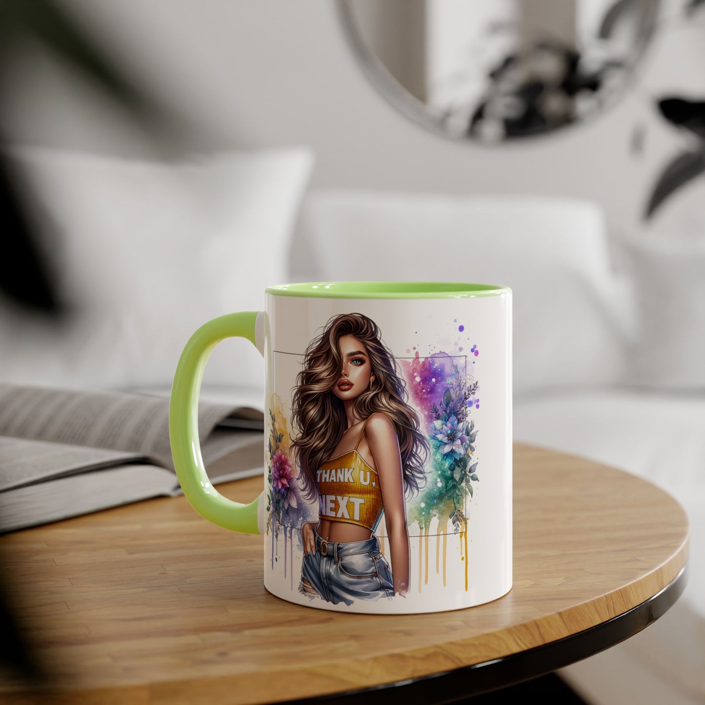 Thank U, Next Vibrant Floral Accent Mug | Unique Coffee Cup, Gift for Her, Artful Drinkware, Boho Style, Colorful Tea Mug, Inspirational Design