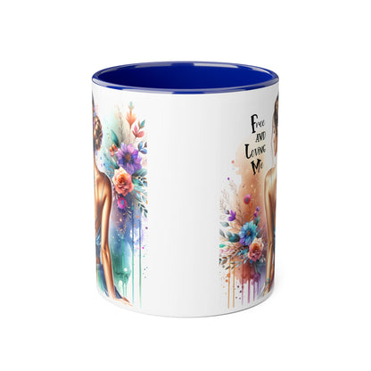 Artistic Floral Accent Mug, Free and Loving Me Ceramic Coffee Cup, Inspirational Gift, Unique Drinkware, Bohemian Style Mug