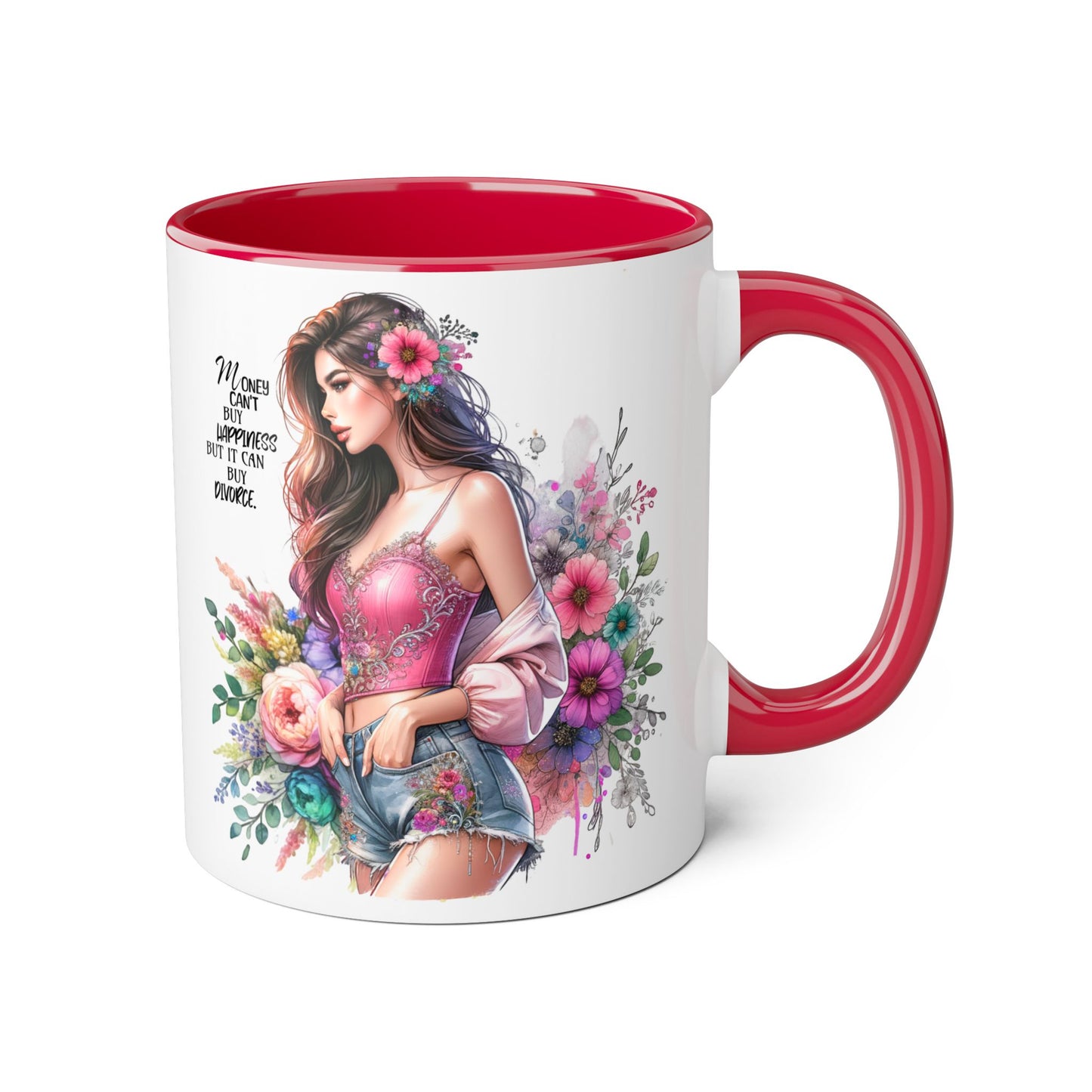 Money Can't Buy Happiness But It Can Buy Divorce Humoristic Floral Inspirational Mug, Gift for Friends, Coffee Cup, Tea Lover, Flower Design, Motivational Quote, Birthday Gift