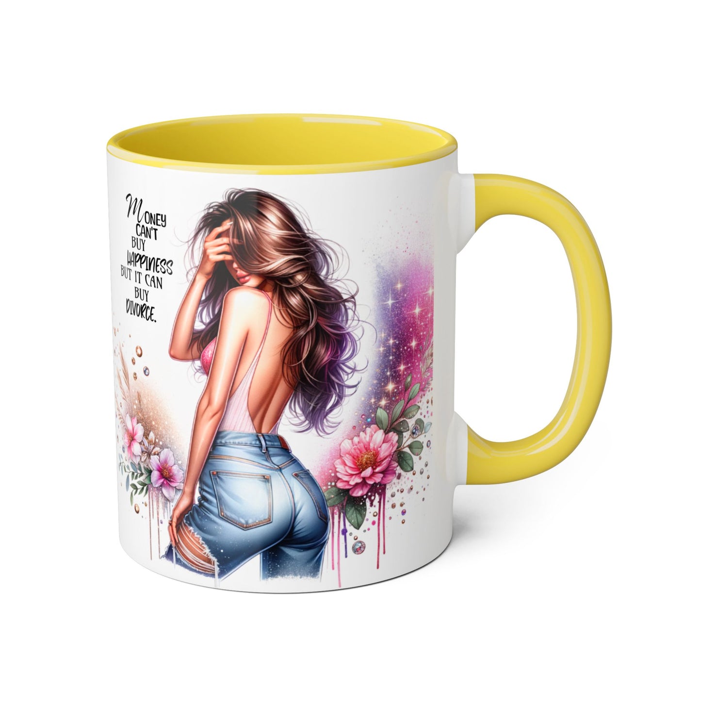 Money Can't Buy Happiness But It Can Buy Divorce Humoristic Stylish Woman's Accent Mug, Empowering Gift for Friends, Inspirational Coffee Cup, Perfect for Birthdays, Relaxing Moments