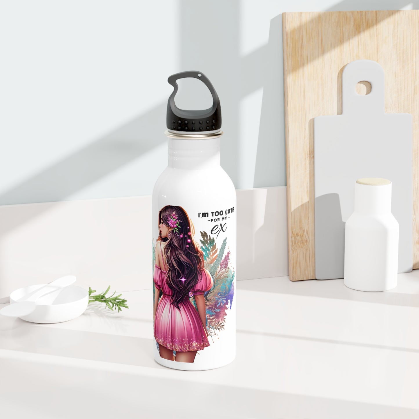 I'm Too Cute For My Ex Stylish Stainless Steel Water Bottle for Trendy Women, Gift for Her, Inspirational Drinkware, Floral Design, Eco-Friendly Hydration