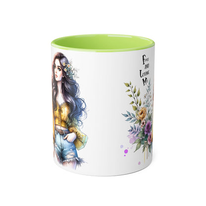 Bohemian Floral Accent Mug, Free and Loving Me Coffee Cup, Gift for Her, Unique Art Mug, Morning Beverage Lover's Gift