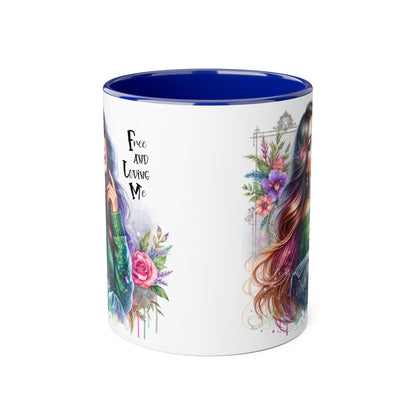 Bohemian Chic Accent Mug, Free and Loving Me 11oz Coffee Cup, Gifts for Her, Artistic Drinkware, Unique Home Decor, Floral Coffee Mug