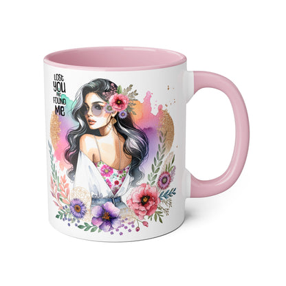 Lost You and Found Me Bohemian Floral Accent Mug, Inspirational Coffee Cup, Gift for Her, Self-Care Essentials, Unique Home Decor, Personalized Drinkware