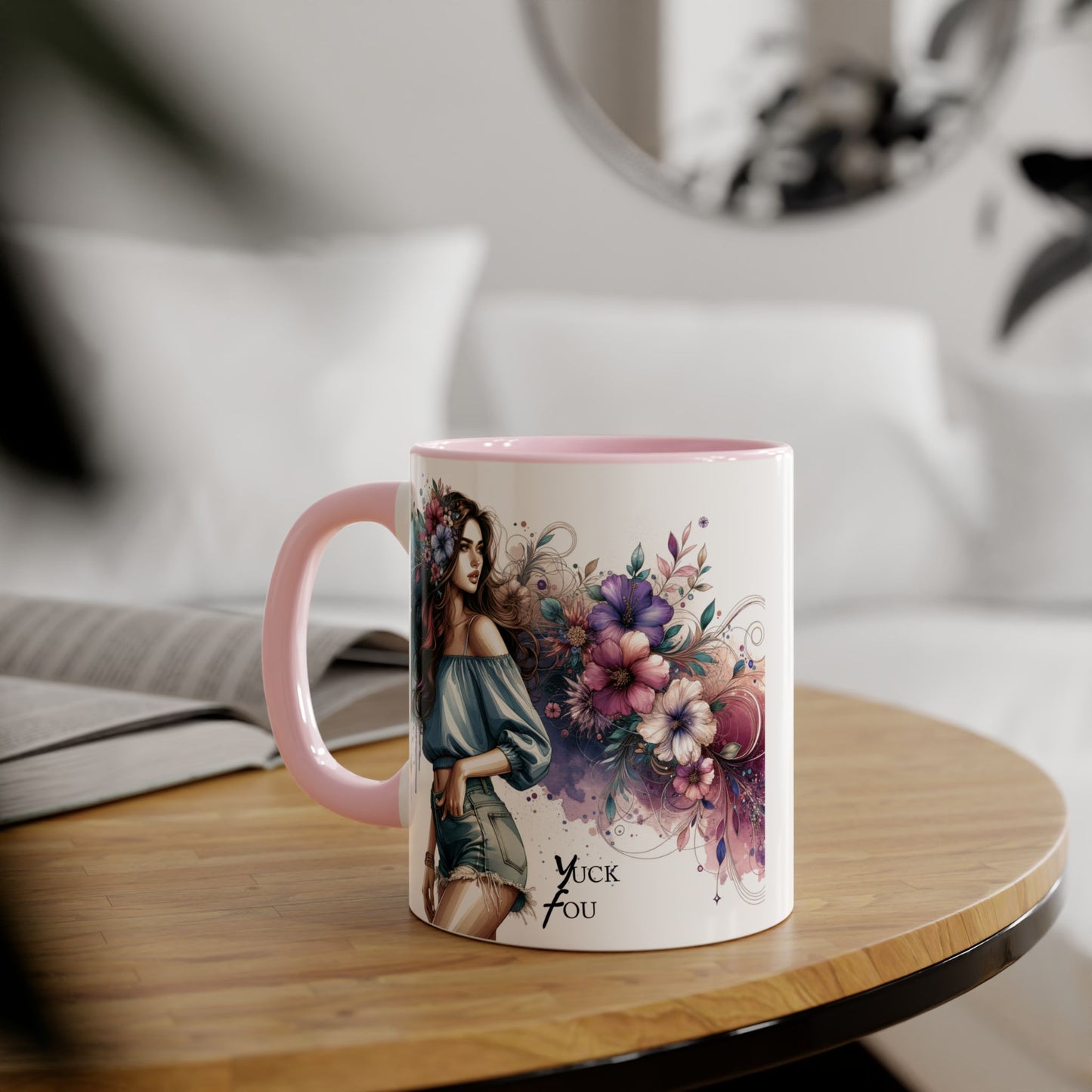 Yuck Fou Bohemian Floral Accent Mug, 11oz Coffee Cup for Art Lovers, Unique Gift for Birthdays, Mother's Day, Relaxation Tea, Decor