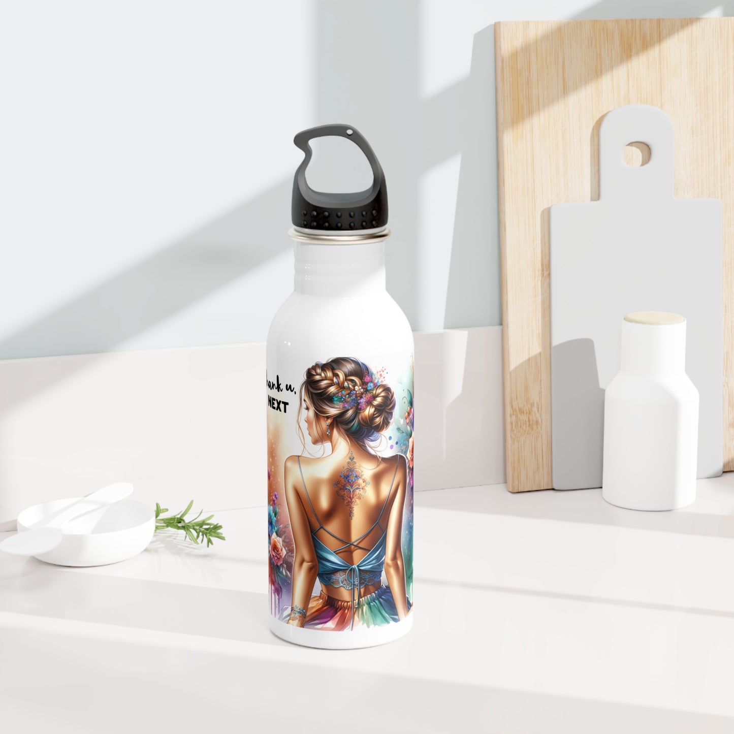 Thank U, Next Artistic Stainless Steel Water Bottle - Unique Gift for Fitness, Travel, or Eco-Friendly Enthusiasts, Hydration, Floral Design