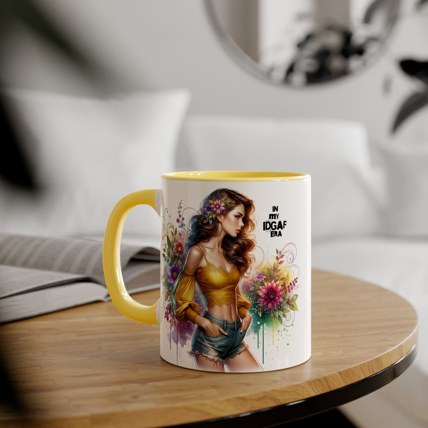 Edgy Floral Accent Mug, Inspirational Coffee Cup, Unique Gift for Her, IDGAF Mug, Boho Style Drinkware