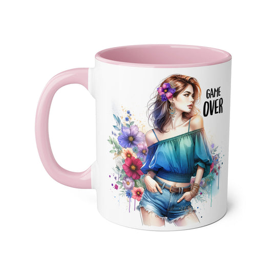Vibrant Game Over Accent Mug - Floral Design, 11oz Coffee Cup, Unique Gift, for Gamers, Birthday or Everyday Use
