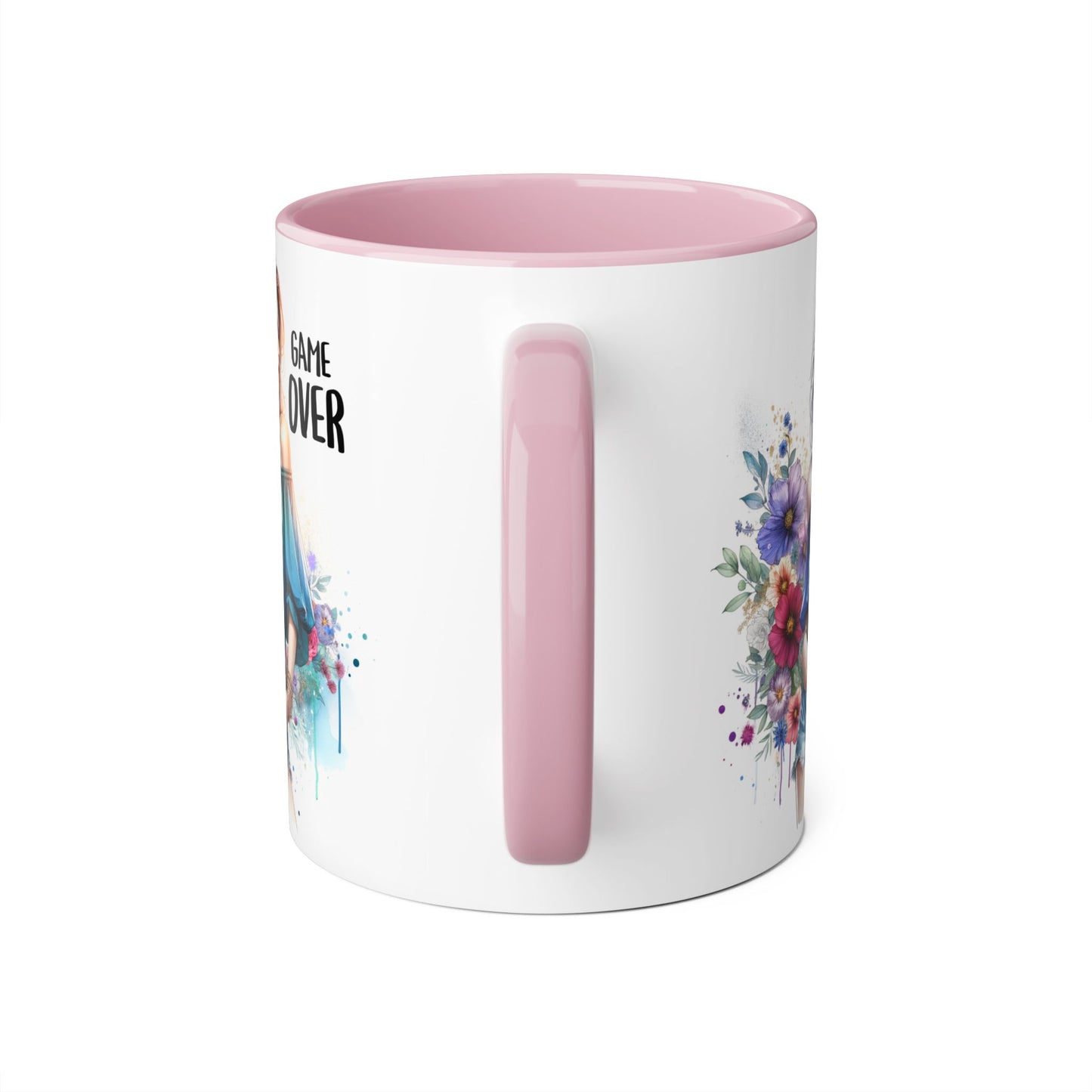 Vibrant Game Over Accent Mug - Floral Design, 11oz Coffee Cup, Unique Gift, for Gamers, Birthday or Everyday Use