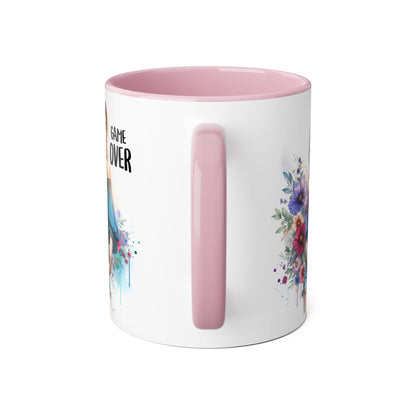 Vibrant Game Over Accent Mug - Floral Design, 11oz Coffee Cup, Unique Gift, for Gamers, Birthday or Everyday Use