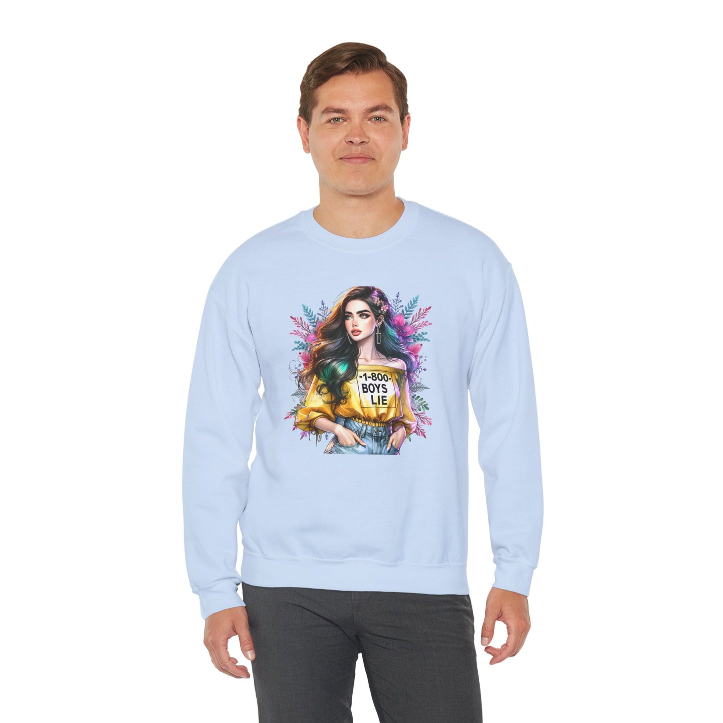 1-800-Boys-Lie Colorful Graphic Crewneck Sweatshirt - 'Boys Lie' Design, Unisex Sweatshirt, Trendy Gift, Casual Wear, Comfortable Outfit