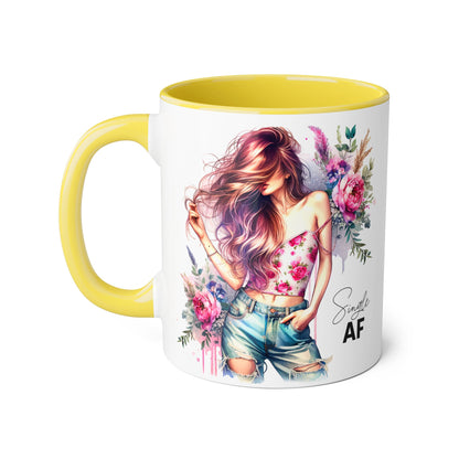 Single AF Floral Accent Mug, 11oz Coffee Cup, Gift for Singles, Cute Tea Mug, Kitchen Decor, Self-Love