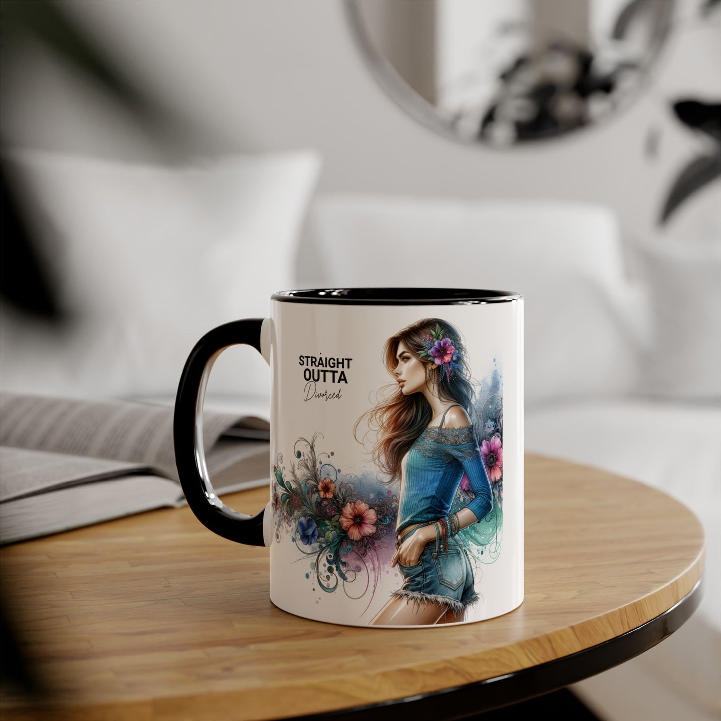 Straight Outta Divorced Humoristic Bohemian Accent Mugs with Floral Art – Trendy Coffee Cup, Gift for Friends, Decor, Home, Birthday, or Celebration