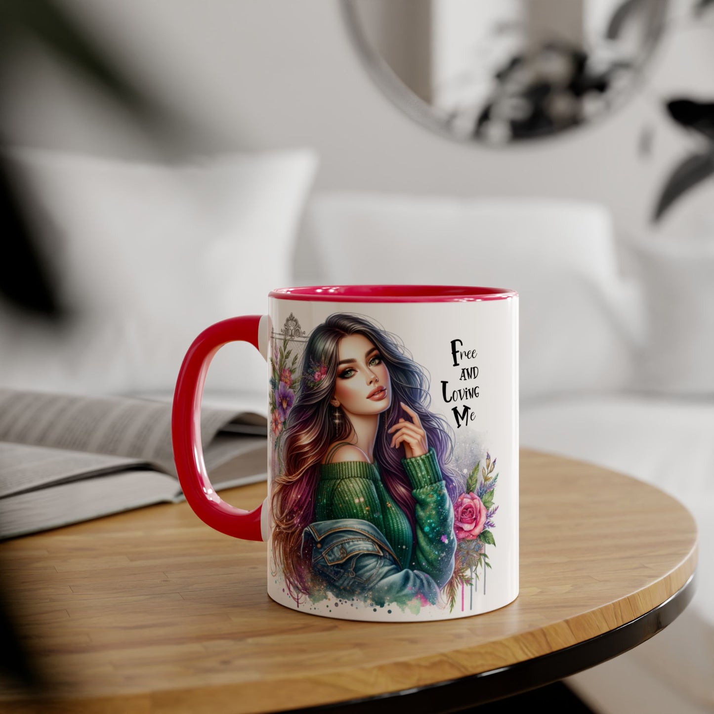 Bohemian Chic Accent Mug, Free and Loving Me 11oz Coffee Cup, Gifts for Her, Artistic Drinkware, Unique Home Decor, Floral Coffee Mug