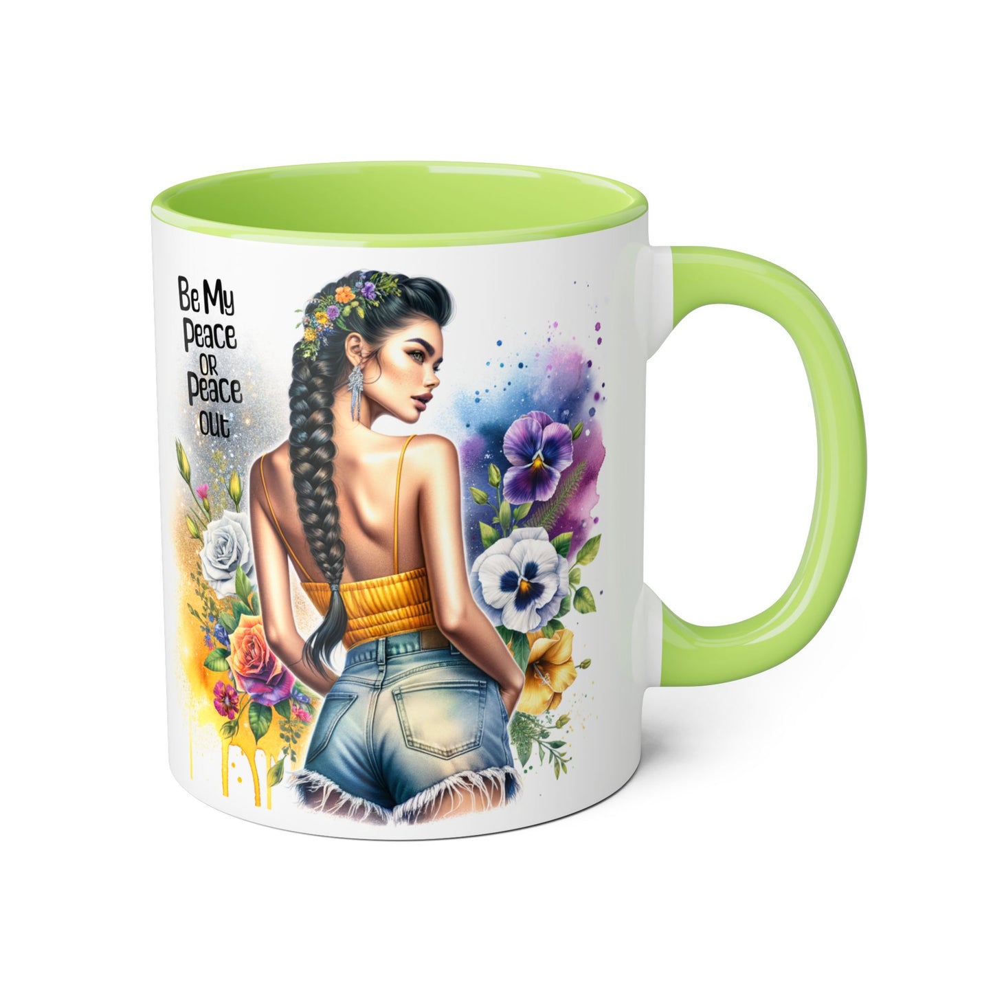 Artistic Black Handle Mug with Inspirational Message, Be My Peace or Peace Out, Unique Gift for Coffee Lovers, Colorful Floral Design, [...]