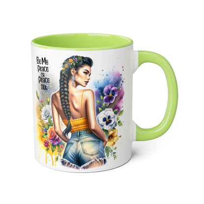 Artistic Black Handle Mug with Inspirational Message, Be My Peace or Peace Out, Unique Gift for Coffee Lovers, Colorful Floral Design, [...]