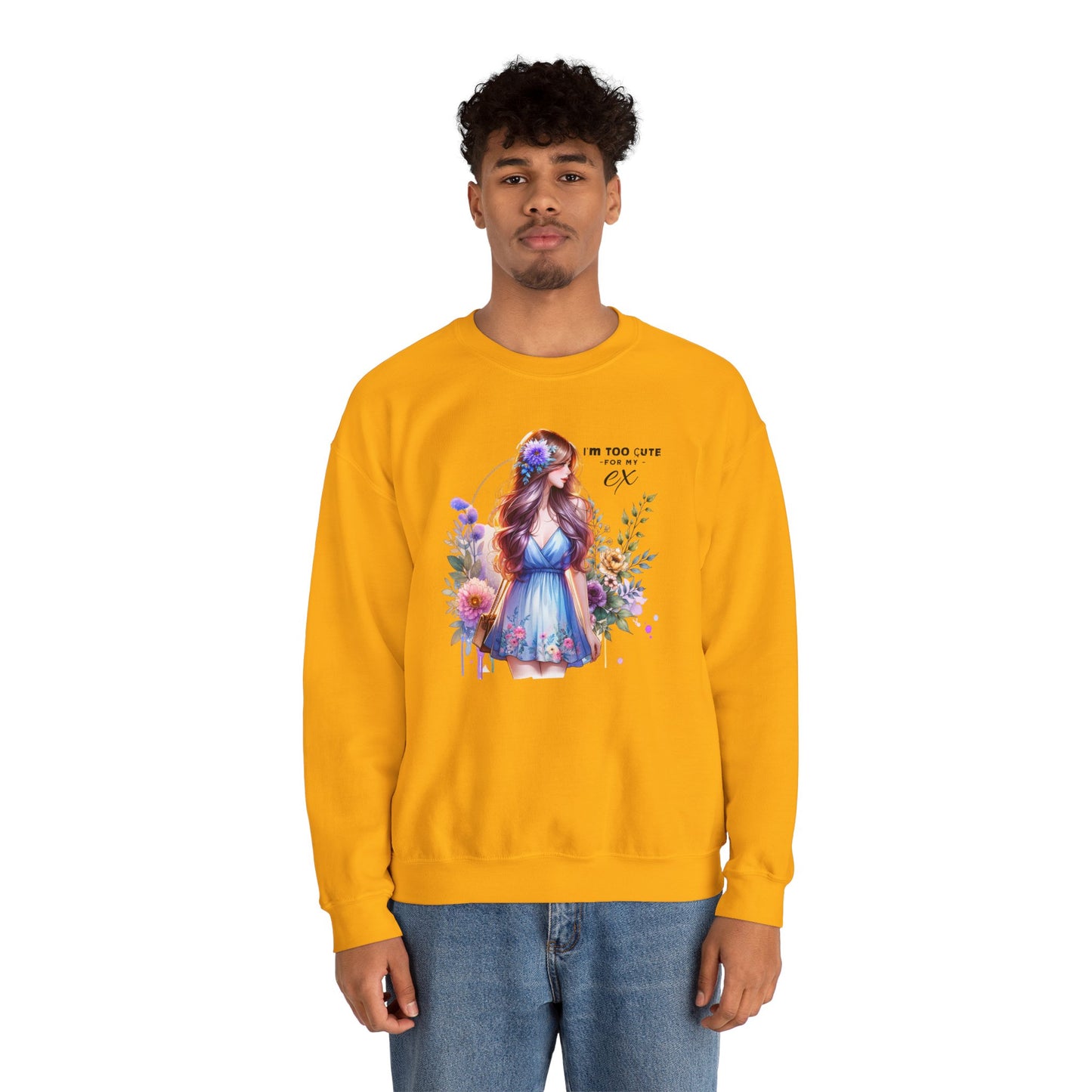 I'm Too Cute For My Ex Floral Illustration Sweatshirt, Cozy Unisex Crewneck, Perfect for Gifts, Casual Wear, Vibrant Art Pullover, Everyday Comfort
