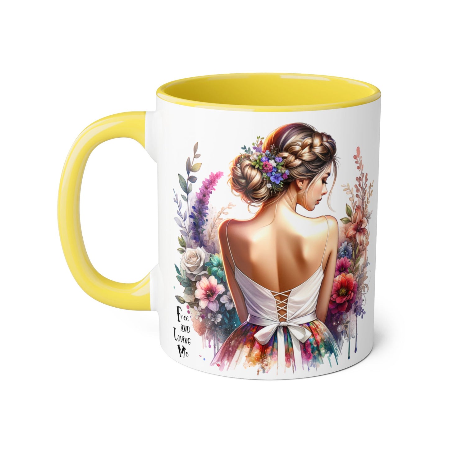 Free and Loving Me Floral Accent Mug, Artistic Coffee Cup, Gift for Mom, Birthday, Mother's Day, Home Decor, Inspirational Mug