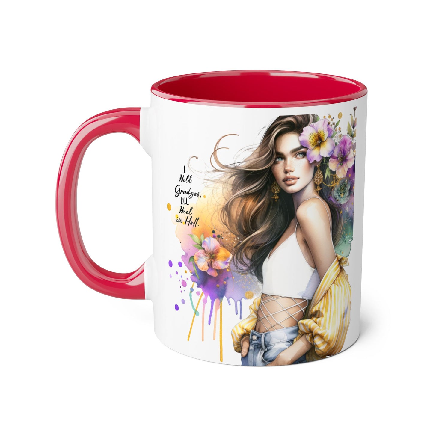 I Hold Grudges, I'll Heal in Hell  Humoristic Elegant Floral Accent Mugs for Coffee Lovers, Inspirational Gift, Home Decor, Unique Art, Perfect for Birthdays, Mother’s Day