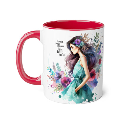 I Don't Make Mistakes, I Date Them Watercolor Floral Accent Mugs, Inspirational Coffee Cup for Nature Lovers, Gift for Her, Self-Care, Boho Style