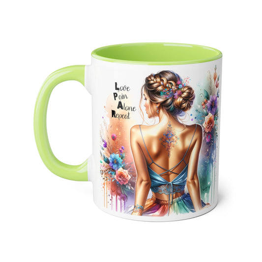 Vibrant Woman's Accent Mug, Love Pain Alone Repeat, Artistic Coffee Cup, Unique Gift for Her, Colorful Tea Mug