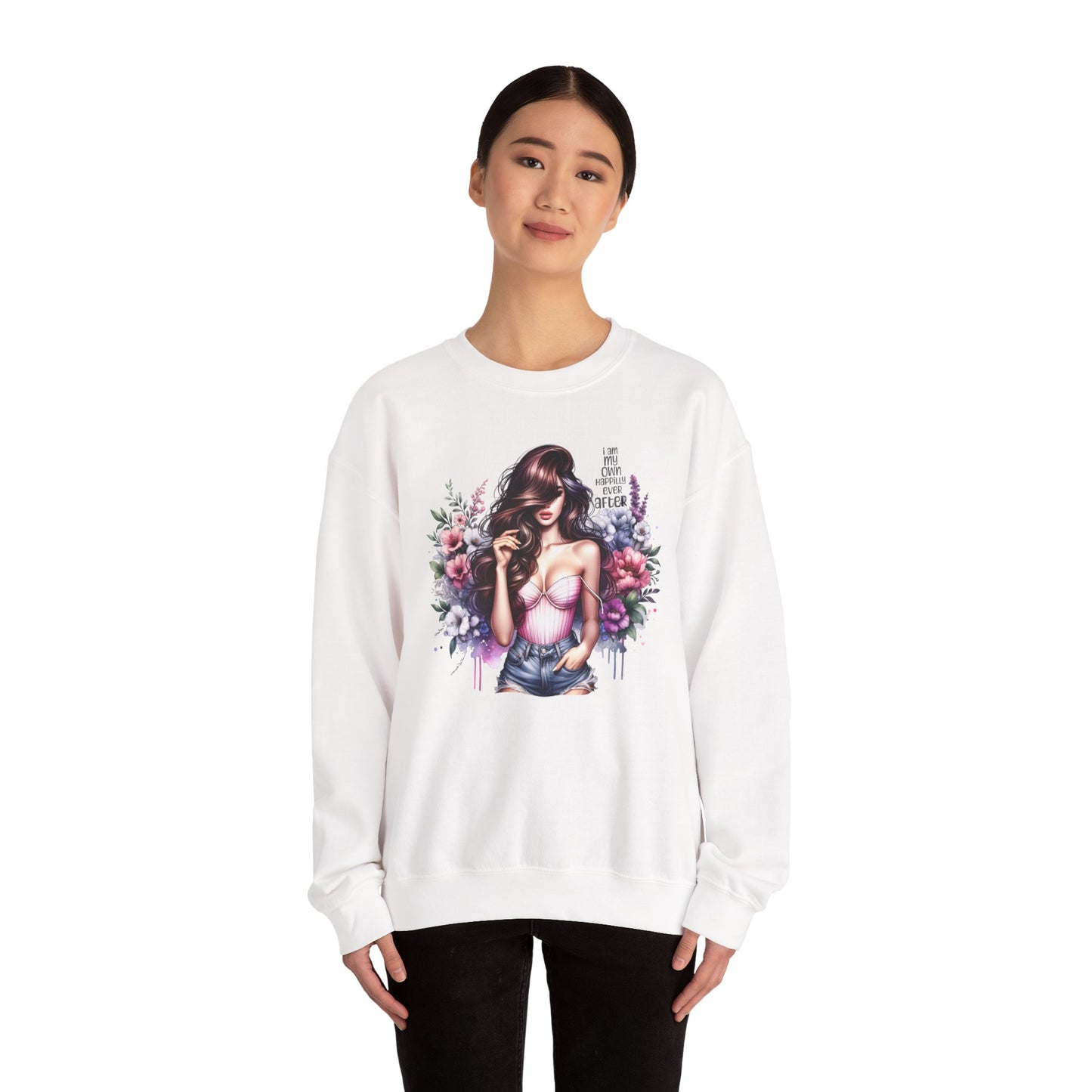 I Am My Own Happily Ever After  Floral Goddess Crewneck Sweatshirt, Cozy Women's Apparel, Boho Style, Gift for Her, Trendy Sweatshirt, Chic Layering Piece