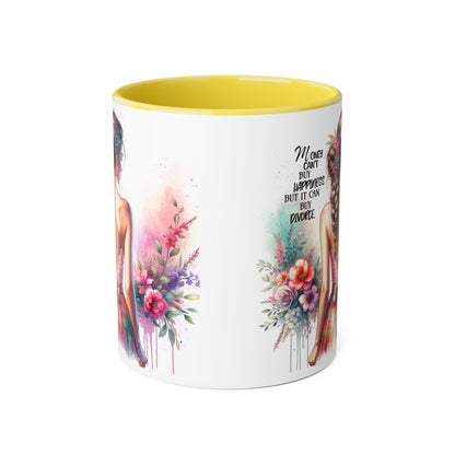 Money Can't Buy Happiness But It Can Buy Divorce Humoristic Colorful Women Empowerment Accent Mug - Inspirational Gift, Motivational Coffee Cup, Floral Design, Art Lover, Birthday Present