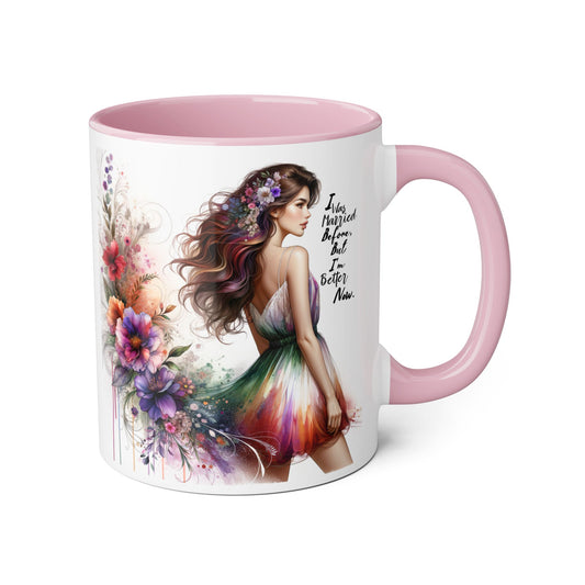 I Was Married Before But I'm Better Now Humoristic Colorful Floral Accent Mug, Inspirational Coffee Cup, Art Decor Gift, Modern Kitchenware, Motivational Beverage Container