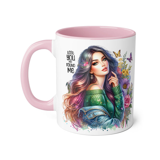 Colorful Accent Mug - "Lose You and Found Me" Design for Coffee Lovers, Unique Gift for Her, Floral Art Mug, Inspirational Drinkware