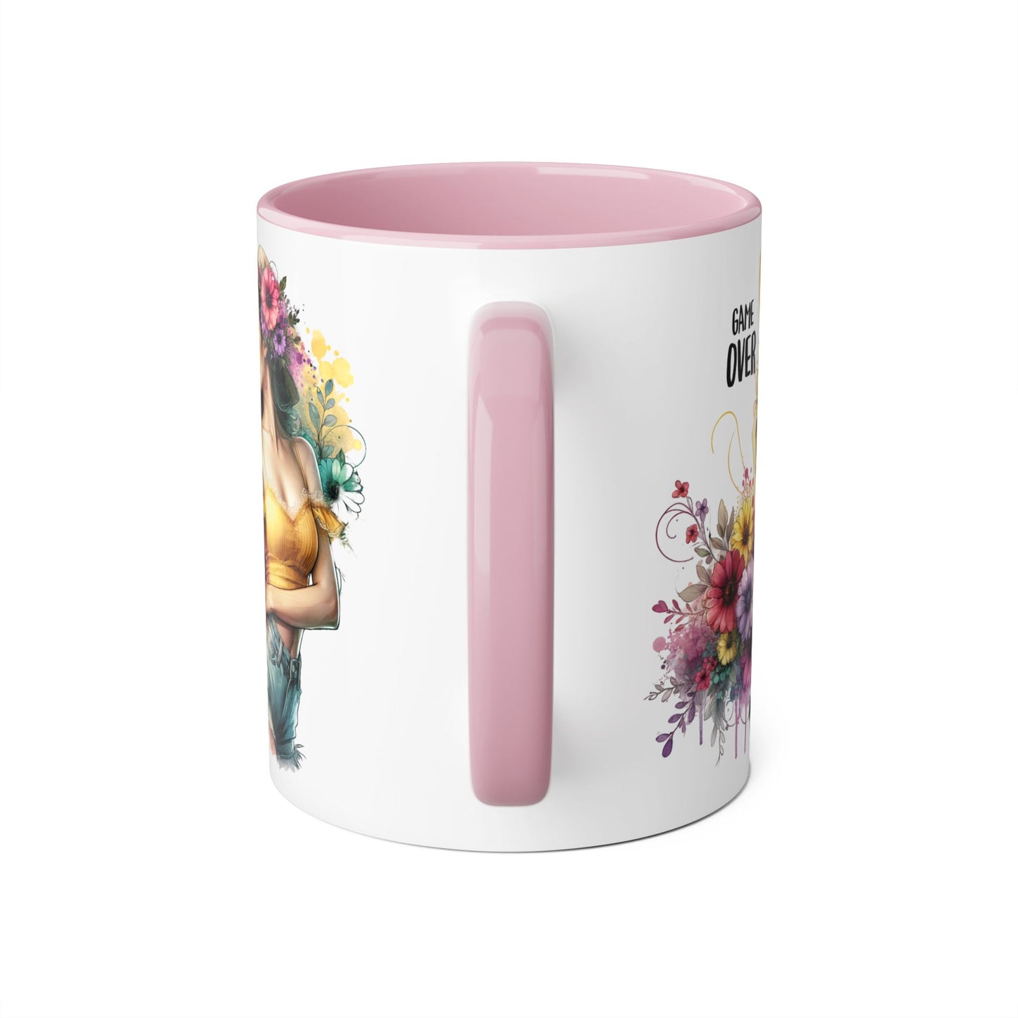 Game Over Floral Accent Mug, Gift for Gamers, Coffee Tea Cup, Home Decor, Birthday, Celebration, Unique Mug
